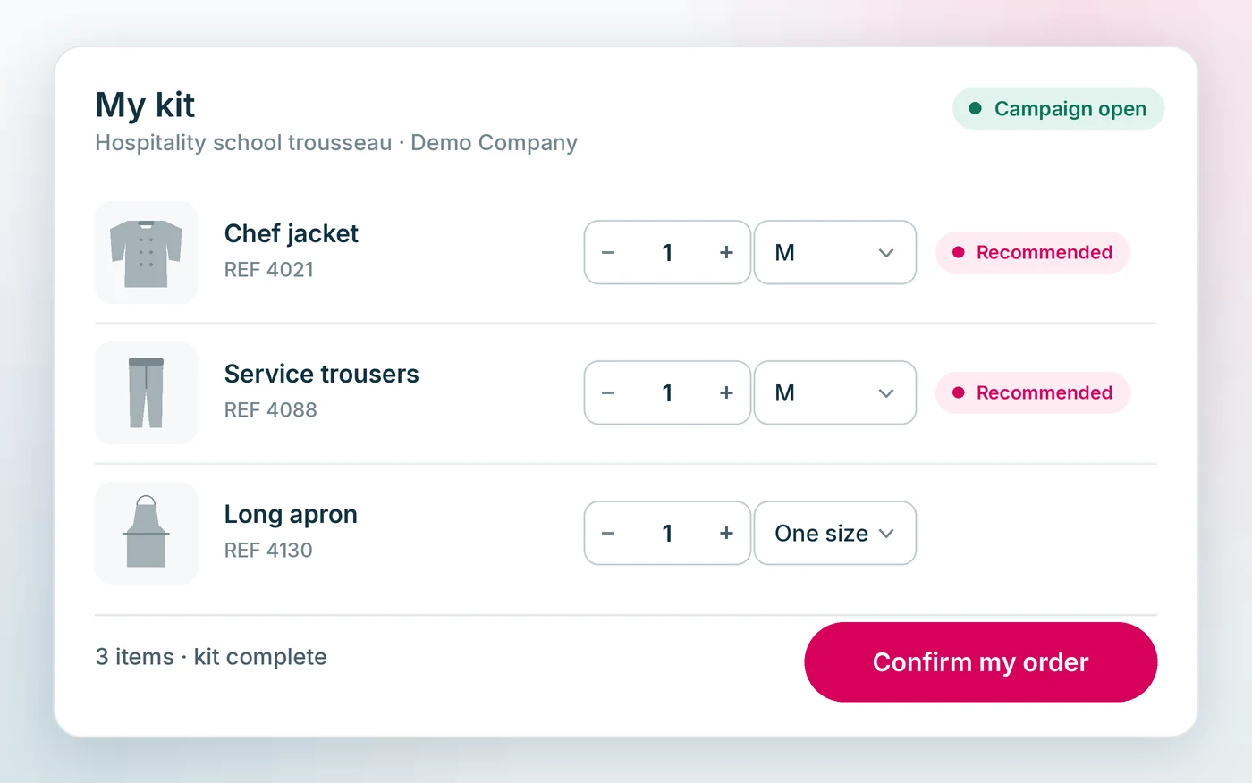 A wearer orders their kit, with the recommended size shown beside every item