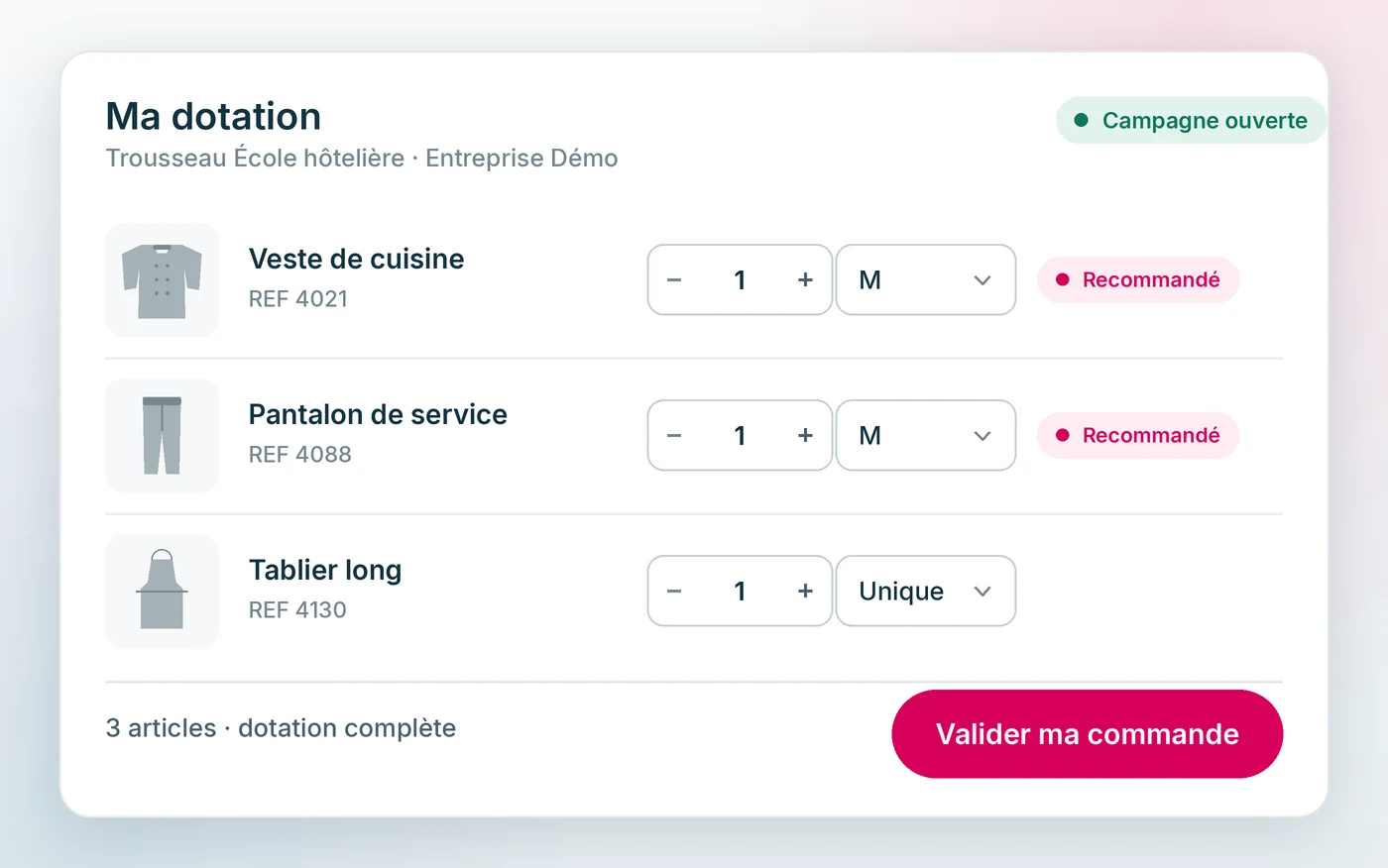 Un porteur commande sa dotation, la taille recommandée s’affiche à côté de chaque article