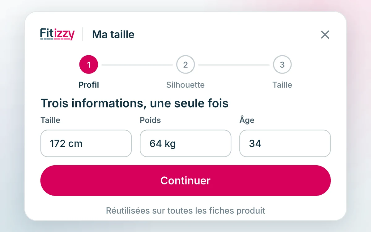 Première étape du plugin : taille, poids et genre, saisis une seule fois