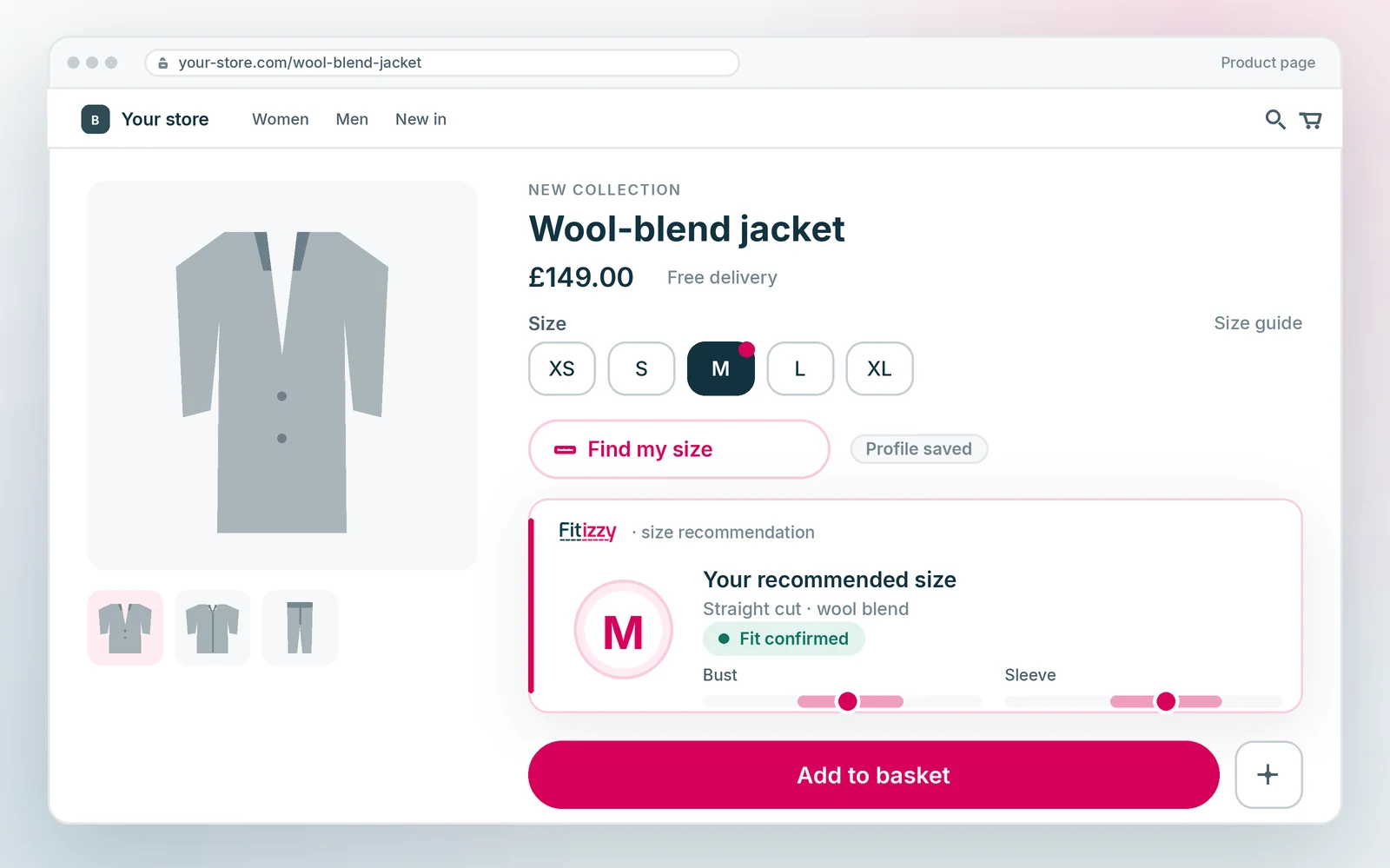 The Fitizzy size recommendation open inside a product page, with the advised size and the fit measurement by measurement