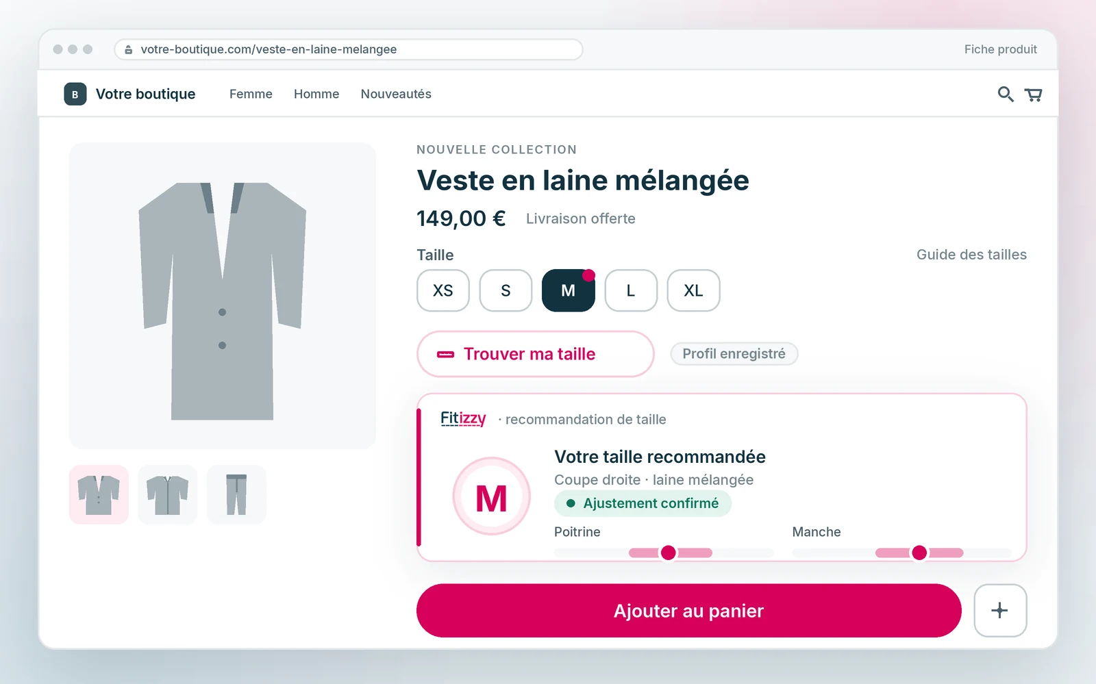 La recommandation de taille Fitizzy ouverte dans une fiche produit, avec la taille conseillée et l’ajustement mesure par mesure