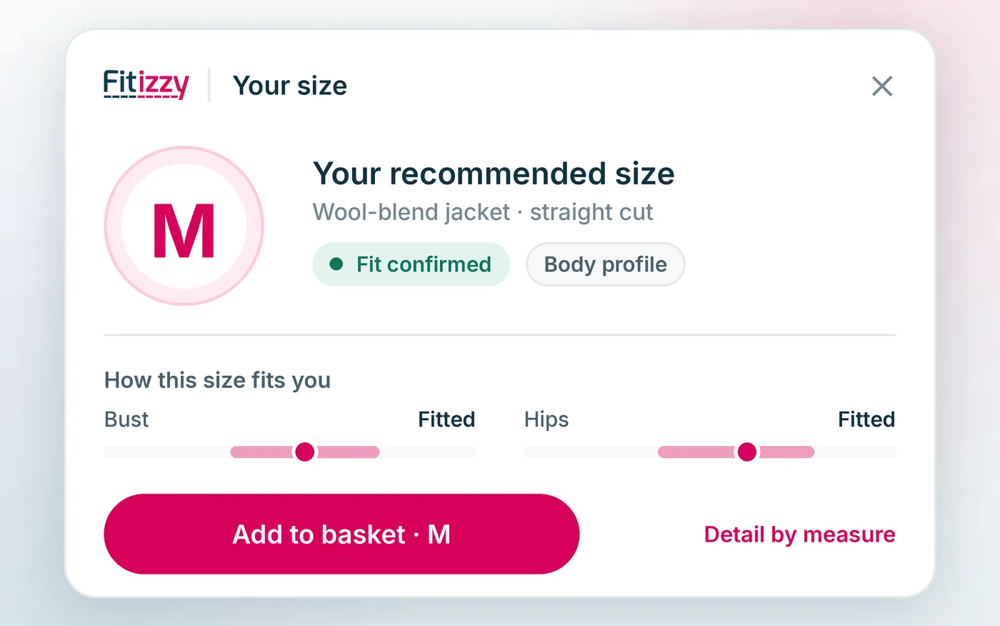 The size Fitizzy recommends, with the fit at the bust, the waist and the hips