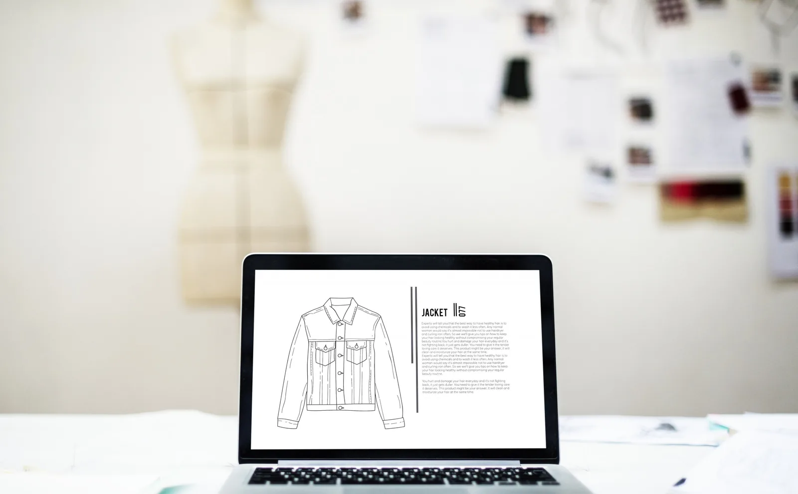 Une fiche produit ouverte sur un ordinateur portable, dans un atelier