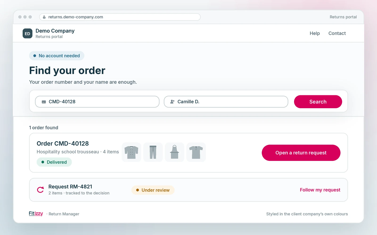 The Return Manager portal in the client company’s own styling: the wearer finds their order with no account to create