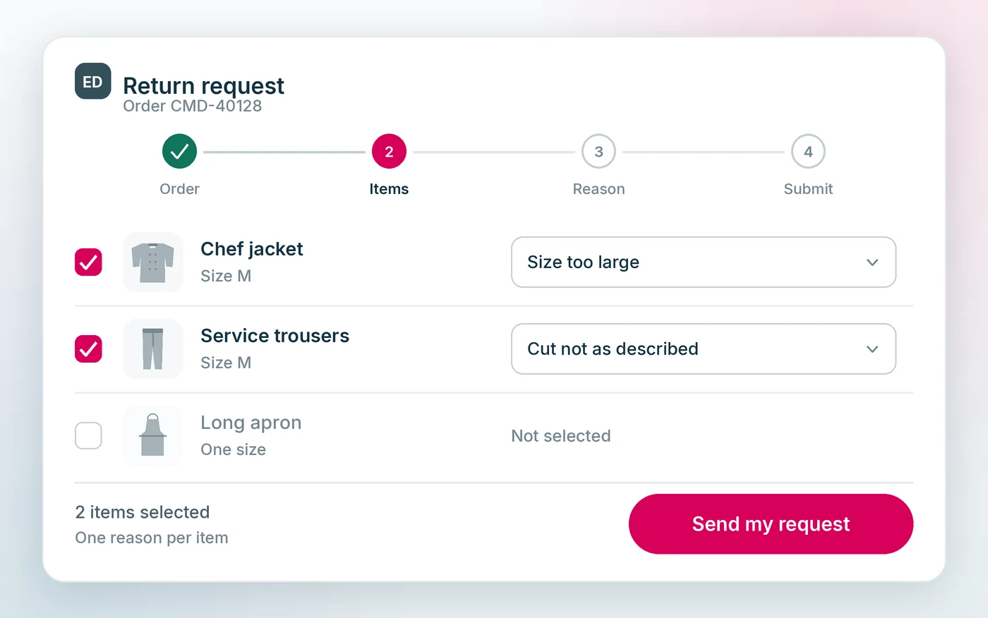 Submitting a return request: the items concerned and one reason per item