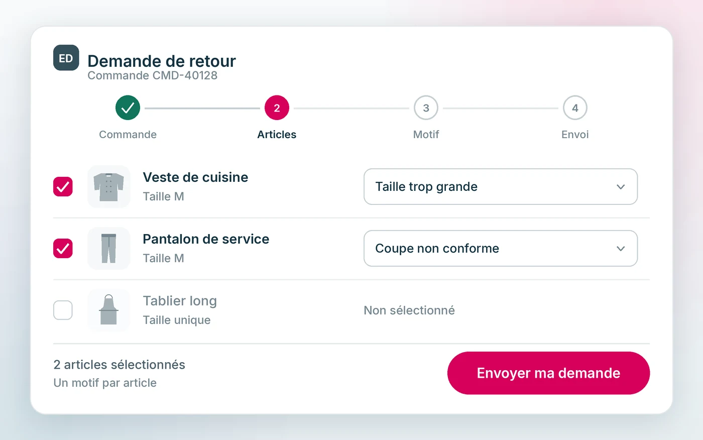 Le dépôt d’une demande de retour : les articles concernés et un motif par article